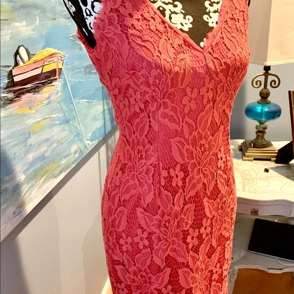 Adriana Papell Coral Lace Over-Lay Dress - Picture 4 of 7